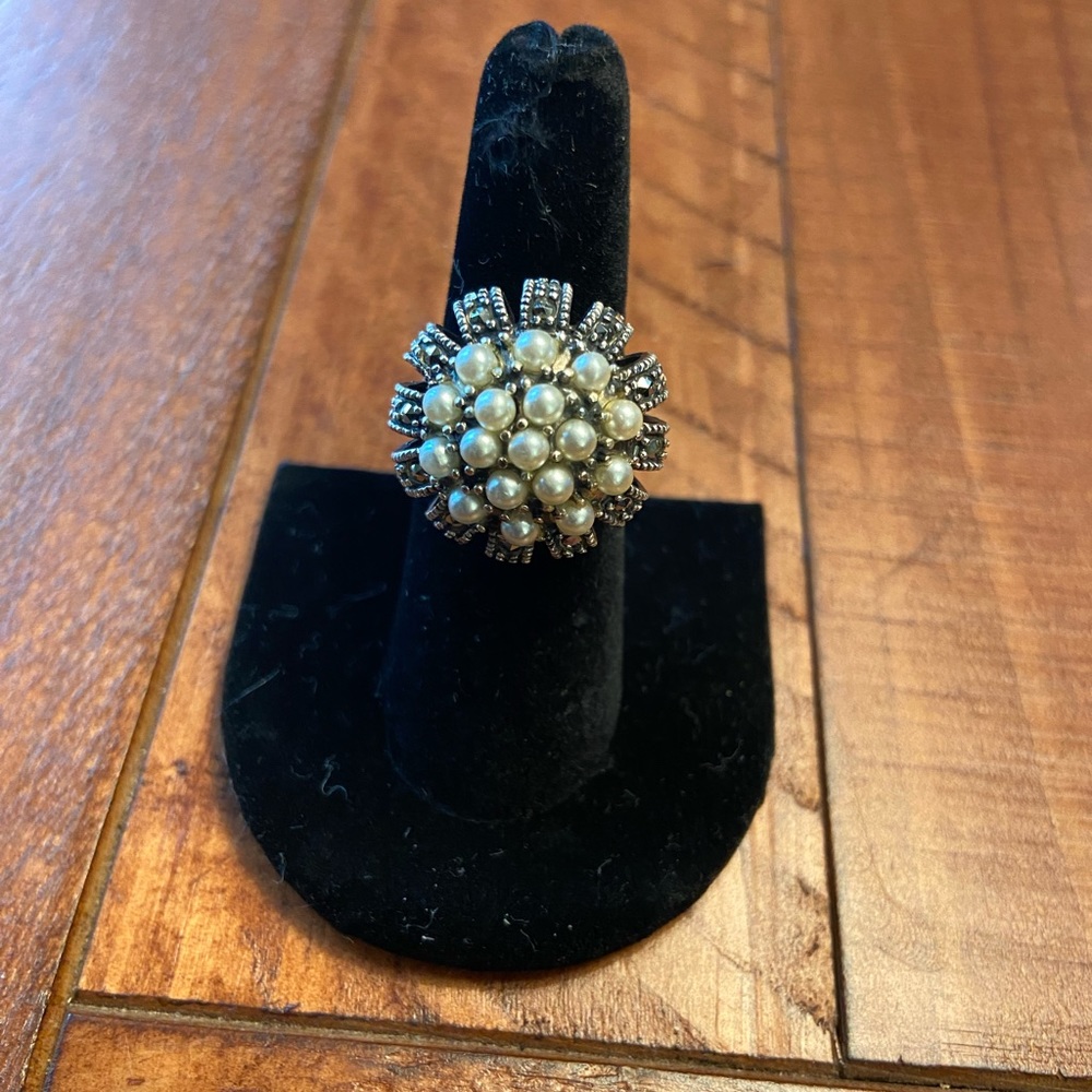 Pearl cluster in Marcasite setting. Size 7